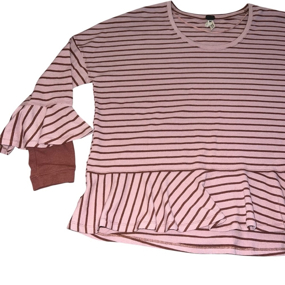 EUC Free People Round About Thermal Peplum LS Tee Stripe Pink Brown Medium - Picture 5 of 10